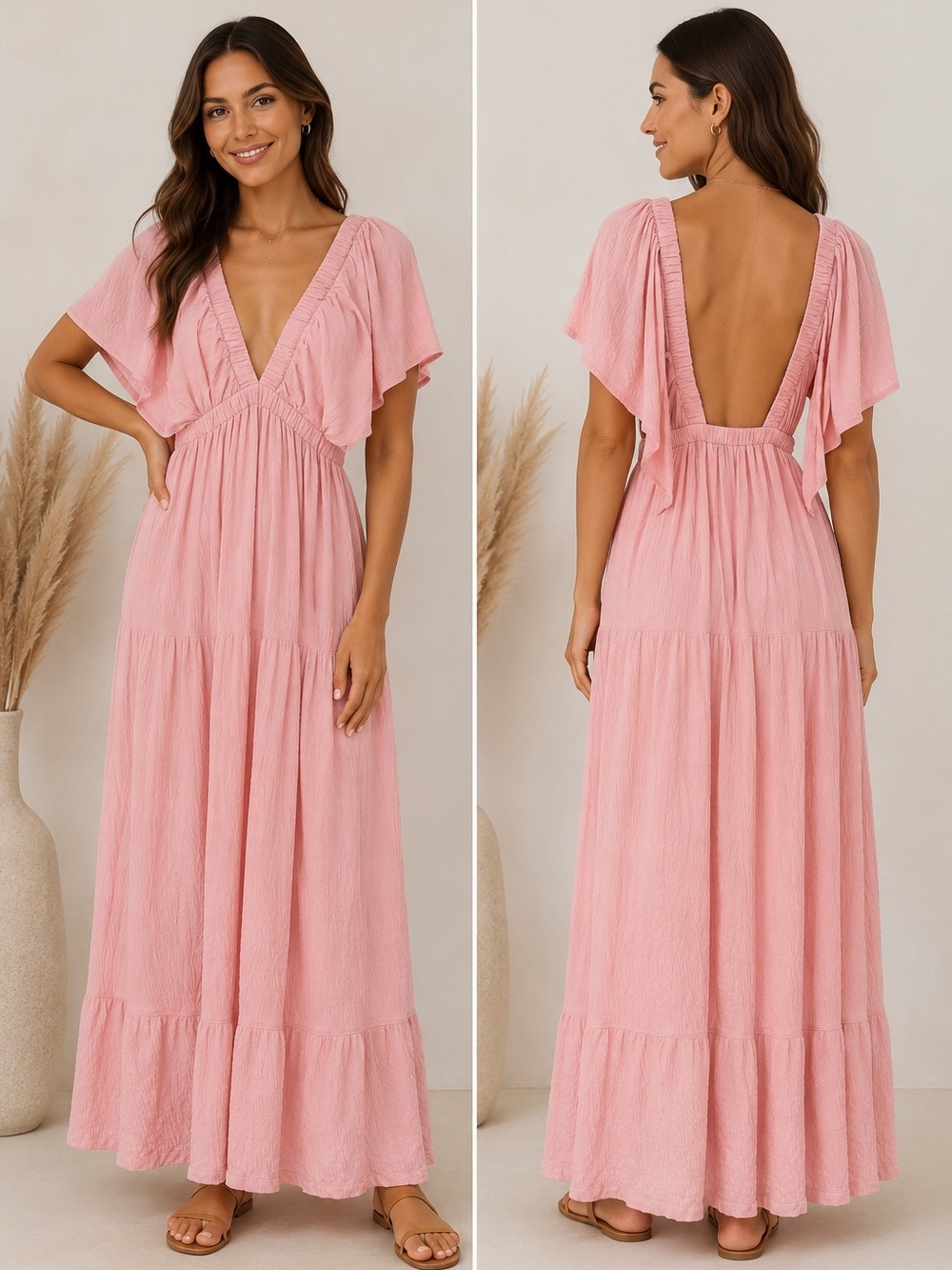 Free People Beach Boho Resort Maxi Dress Open Back Coastal Chic Sz M